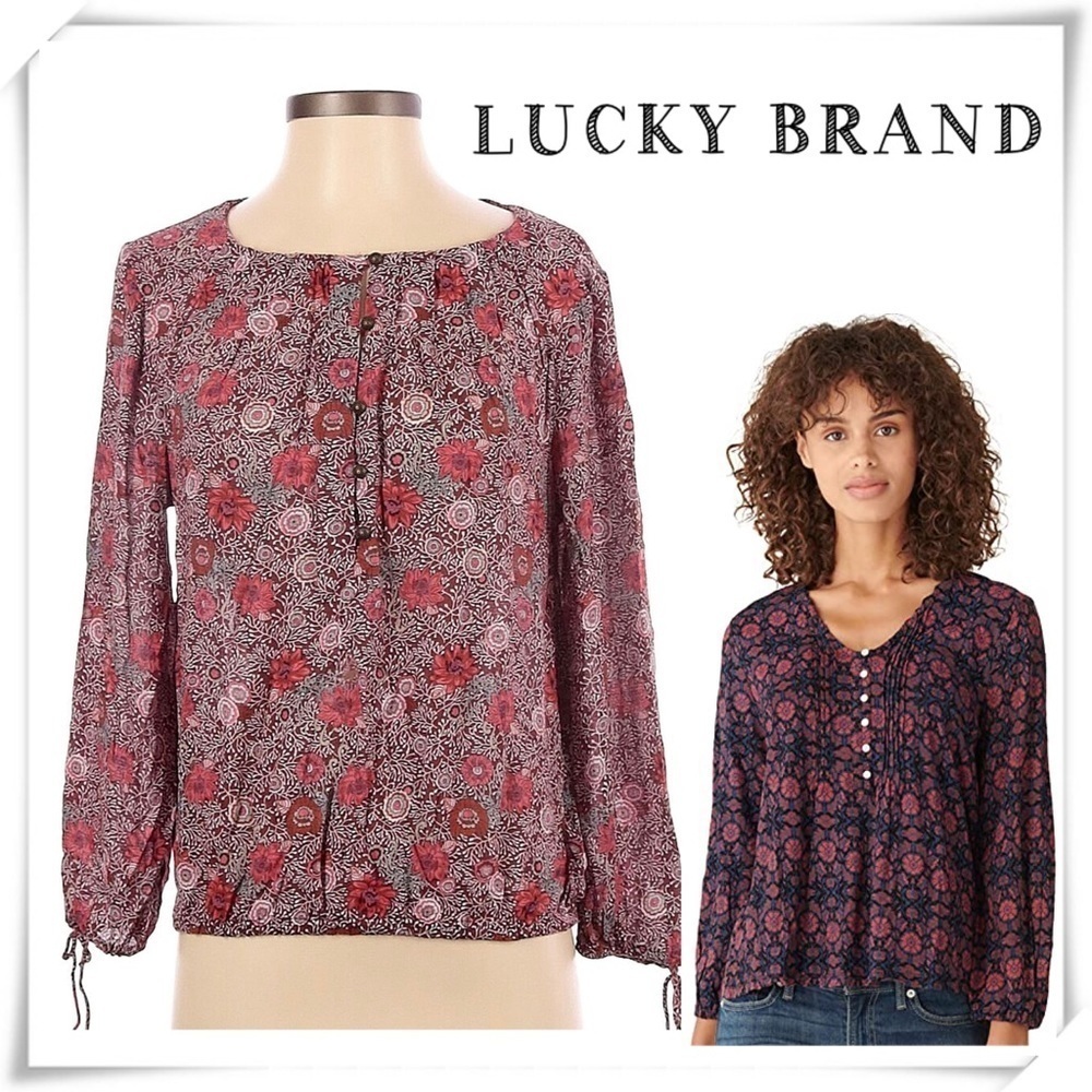 LUCKY Brand Floral Bohemian Print Smocked Peasant Blouse in Red Size S